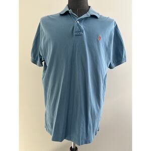 Polo Ralph Lauren 100% Pique Cotton Collared Shirt Blue Orange Size Large SG